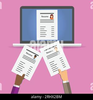 Two hands holding cv resumes in front of a laptop with a resume on it Stock Vector