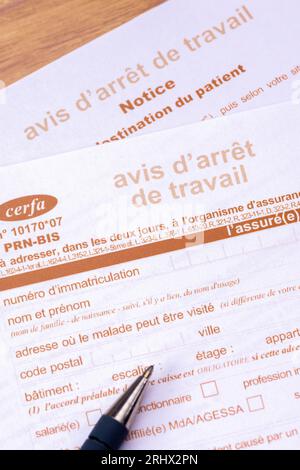 France: Close-up of an official sick leave form from the French social security that the doctor gives to patients when they are unable to work Stock Photo