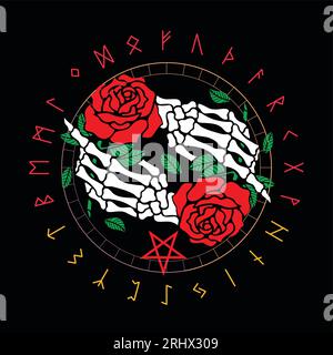 Design for t-shirt with two corpse hands and red roses on a black background. Runic alphabet in circular design. Stock Vector