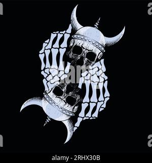 design for t-shirt with two viking skulls and bony hands. symmetrical satanic theme illustration Stock Vector
