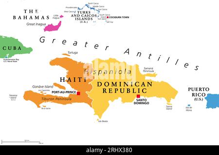 Hispaniola and surroundings, colored political map. Caribbean island divided into Haiti and Dominican Republic, part of Greater Antilles, next to Cuba. Stock Photo