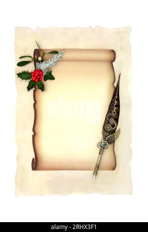 Old scroll on parchment paper with winter holly berry leaf sprigs