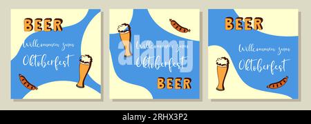 Oktoberfest. Beer festival. Blue posters set with doodle hand drawn and inscription Willcommen zum Oktoberfest. Vector illustration Stock Vector