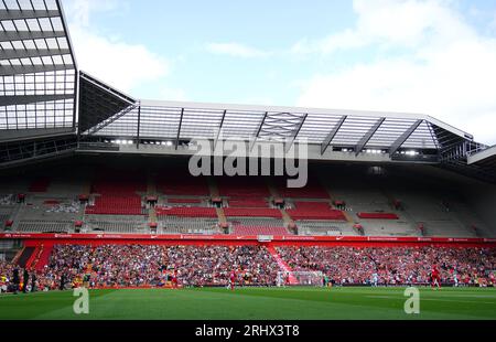 General view of the new upper Anfield Road stand under construction and the new standing lower stand during the Premier League match at Anfield, Liverpool. Picture date: Saturday August 19, 2023. Stock Photo