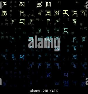 Matrix background. Random letters of Tibetan Alphabet. Gradiented matrix pattern. Yellow, green, blue color theme backgrounds. Tileable horizontally. Stock Vector