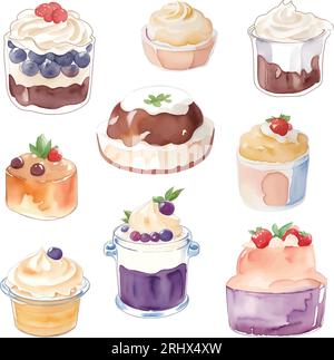 Set of different pudding with cream and berries. Watercolor hand drawn illustration. Stock Vector