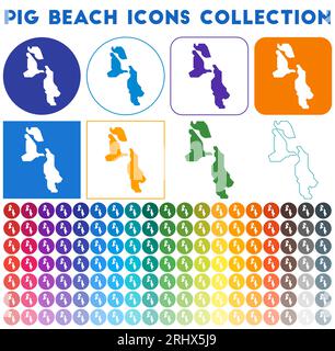 Pig Beach icons collection. Bright colourful trendy map icons. Modern Pig Beach badge with island map. Vector illustration. Stock Vector