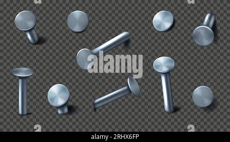 Nail metal. Wall screw pin, metal head and spike tool, iron top stick, chrome hammer sign, stainless building tools. Industrial carpentry isolated obj Stock Vector