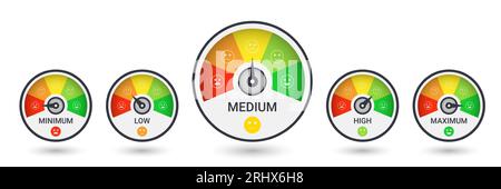 Speedometers emoji. Satisfaction meter. Speedometer dial, score icon with smile, customer credit rate, gauge scale, level measuring interface. Feedbac Stock Vector