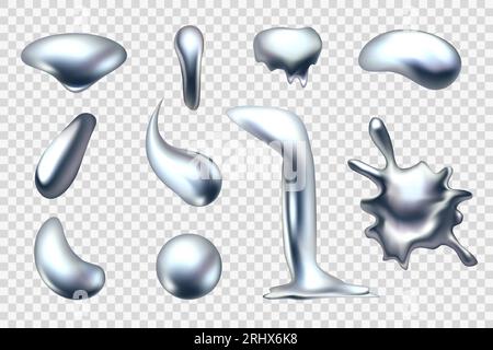Liquid metal. Chrome shapes. Silver balls. 3D drop and splash. Abstract pearl spheres. Orb smooth gradients. Quicksilver melt flow. Mercury blobs. Flu Stock Vector