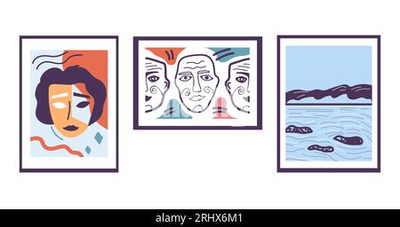 People in gallery. Contemporary art exhibition. Pictures on wall. Woman portrait. Abstract men faces. Modern artwork museum. Colorful shapes. Masterpi Stock Vector