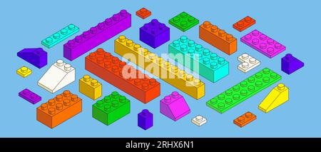 Lego blocks. Isometric brick build. Plastic play pattern. Colorful development toy. Child learning. Color cube. Construct part. Geometric shapes. Isol Stock Vector