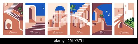 Greece pattern collection. Italy landscape, Morocco hotel or home, Mexico village with plant and sea, travel cards, vacation posters. Traditional arch Stock Vector