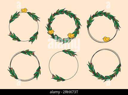Set of round frames with leaves and birds Stock Vector