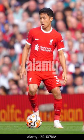 Liverpool's Wataru Endo in action during the Premier League match at Anfield, Liverpool. Picture date: Saturday August 19, 2023. Stock Photo