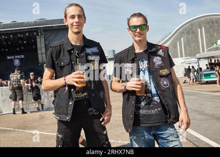 Hamburg, Germany. 19th Aug, 2023. Bastian Segelhoff (l) and Marten Hofmann from Stendal come to the metal festival Elbriot at the wholesale market. Credit: Georg Wendt/dpa/Alamy Live News Stock Photo