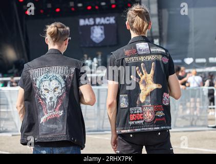 Hamburg, Germany. 19th Aug, 2023. Marten Hofmann (l) and Bastian Segelhoff from Stendal come to the metal festival Elbriot at the wholesale market. Credit: Georg Wendt/dpa/Alamy Live News Stock Photo