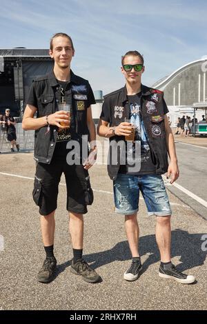 Hamburg, Germany. 19th Aug, 2023. Bastian Segelhoff (l) and Marten Hofmann from Stendal come to the metal festival Elbriot at the wholesale market. Credit: Georg Wendt/dpa/Alamy Live News Stock Photo