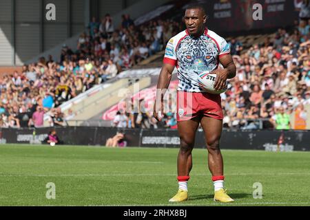 Leigh, UK. 19th Aug, 2023. Leigh Sports Stadium, Leigh Sports Village, Sale Way, Leigh, Greater Manchester, 19th August 2023. Betfred Super League Leigh Leopards v Catalan Dragons Edwin Ipape of Leigh Leopards Credit: Touchlinepics/Alamy Live News Stock Photo