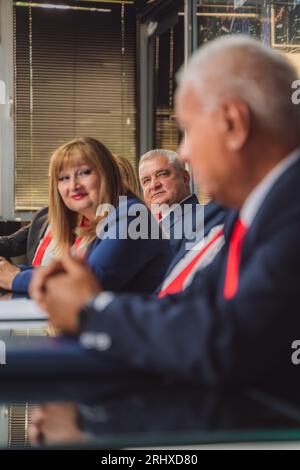 Senior or mature business partners at boardroom table in office meeting discussing new project, work flow, analyzing financial reports, statistics and Stock Photo