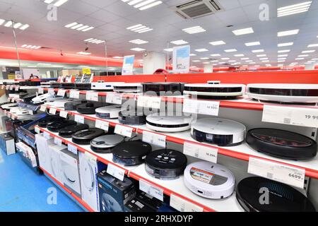 Moscow, Russia - Aug 14. 2023. Robot vacuums in Mvideo shop of electronics and home appliances in Zelenograd Stock Photo