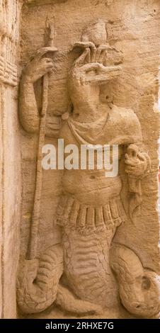 Kom el Shogafa necropolis, main tomb, main room : Anubis has a snake body and is dressed as a roman soldier. Stock Photo