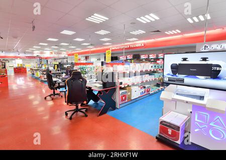 Moscow, Russia - Aug 14. 2023. Interior of Mvideo shop of electronics and a home appliances in Zelenograd Stock Photo