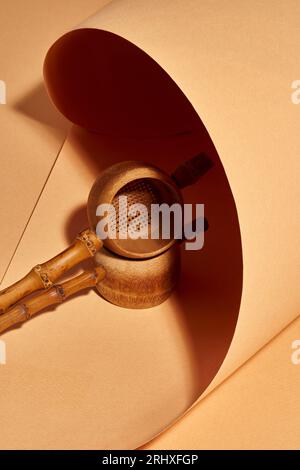 High angle of handmade bamboo tea filters on a craft paper background with a beautiful studio Stock Photo