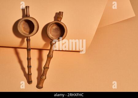 High angle of handmade bamboo tea filters on a craft paper background with a beautiful studio Stock Photo
