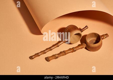 High angle of handmade bamboo tea filters near craft paper background with a beautiful studio Stock Photo