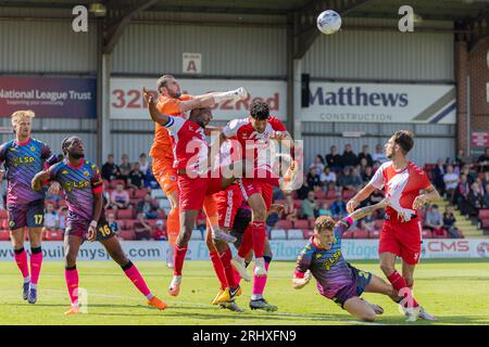 Aggborough Stadium, Kidderminster, UK, 19th Aug 2023, Bromley's Goalkeeper Grant Smith clears the ball during Vanarama National League match between Kidderminster Harriers FC and Bromley FC held at Kidderminster’s Aggborough Stadium Credit: Nick Phipps/Alamy Live News Stock Photo
