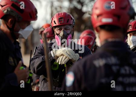 Members of the Federal Emergency Management Agency’s Urban Search and Rescue Team prepare to search a neighborhood destroyed by a wildfire in Lahaina, Hawaii, August 17, 2023. CBP photo by Glenn Fawcett Stock Photo