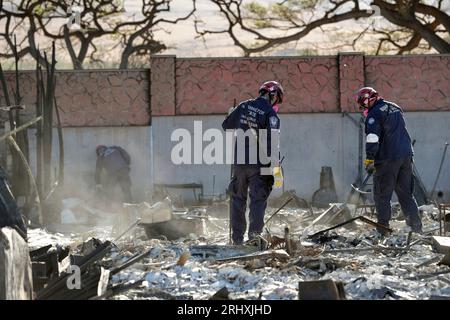 Members of the Federal Emergency Management Agency’s Urban Search and Rescue Team comb through a neighborhood destroyed by a wildfire in Lahaina, Hawaii, August 17, 2023. CBP photo by Glenn Fawcett Stock Photo