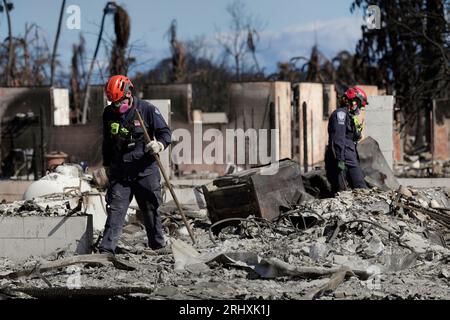 Members of the Federal Emergency Management Agency’s Urban Search and Rescue Team comb through a neighborhood destroyed by a wildfire in Lahaina, Hawaii, August 17, 2023. CBP photo by Glenn Fawcett Stock Photo