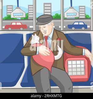 Old man with white cat in red blanket and pet carrier sitting in public transport bus with road, city and cars on a background Stock Vector