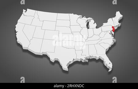 New Jersey State Highlighted on the United States of America 3D map. 3D Illustration Stock Photo