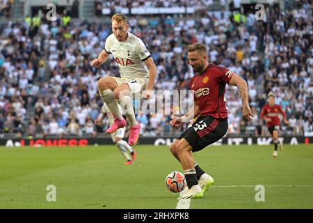 London, UK. 19th Aug, 2023. London UK 18 Aug 23.Dejan Kulusevski of Tottenham Hotspur and Luke Shaw of Manchester United during the Spurs vs Manchester United Premier League match at Tottenham Hotspur Stadium London. Credit: MARTIN DALTON/Alamy Live News Stock Photo