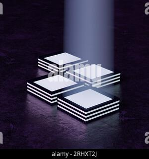 Conceptual 3D artwork of four light cubes emitting a bright light beam into the sky on dark violet metal surface Stock Photo