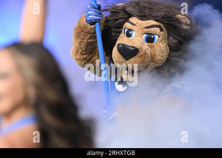 DETROIT, MI - OCTOBER 30: Detroit Lions mascot Roary attempts field goals  for prizes in a television