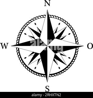 Compass rose vector with German East description. Four wind directions. Navigation Symbol with abstract cord frame and sixteen spike wind rose. Stock Vector