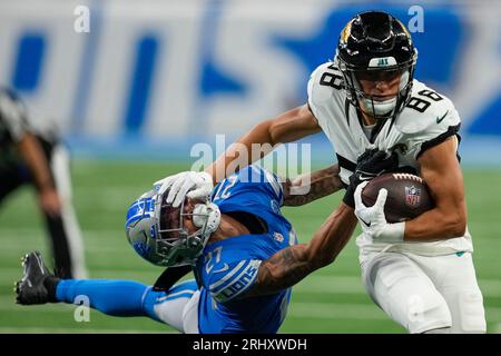 Jacksonville Jaguars wide receiver Oliver Martin (88) stiff arms Detroit  Lions cornerback Chase Lucas (27) during an preseason NFL football game in  Detroit, Saturday, Aug. 19, 2023. (AP Photo/Paul Sancya Stock Photo - Alamy