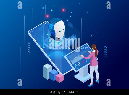 Isometric Artificial Intelligence, Knowledge Expertise Intelligence Learn. Internet connect Chat, Chat with AI, Artificial Intelligence. Stock Vector