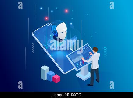 Isometric Artificial Intelligence, Knowledge Expertise Intelligence Learn. Internet connect Chat, Chat with AI, Artificial Intelligence. Stock Vector