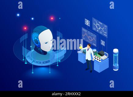 Isometric concept of artificial intelligence helps in the development of new plant genetic engineering Stock Vector