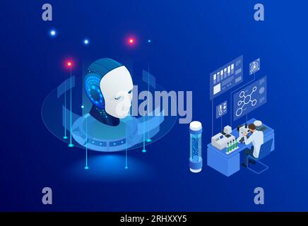 Isometric concept of artificial intelligence helps in the development of new plant genetic engineering Stock Vector