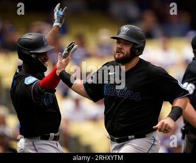 Miami Marlins' Jake Burger celebrates his home run during the third inning  of a baseball game against the Washington Nationals, Saturday, Sept. 2,  2023, in Washington. (AP Photo/Nick Wass Stock Photo - Alamy