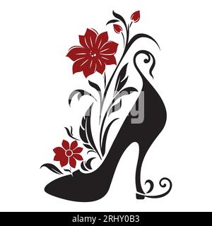 Shoe and flowers black and red illustration Stock Vector