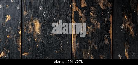 Surface of old dark painted wood: scratched wood plank with rustic charm Stock Photo