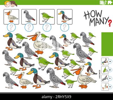 Cartoon illustration of educational counting game with birds animal characters Stock Vector