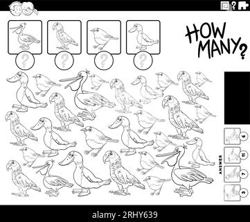 Black and white illustration of educational counting game with cartoon birds animal characters coloring page Stock Vector